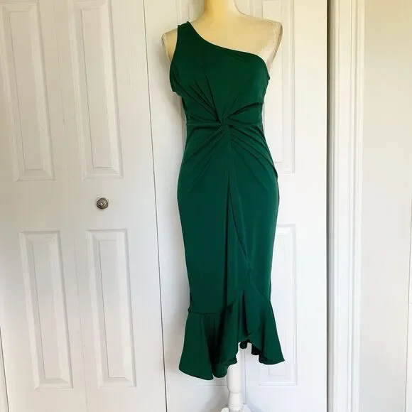 Women Night Gown Dress Large Green One Shoulder Ruffle Hem CHICME - Picture 14 of 16